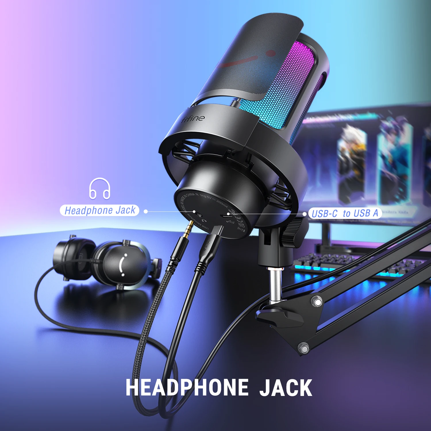 Zestaw mikrofonu USB FIFINE z ramieniem i filtrem pop do nagrywania i streamowania na PC/Mac, szybkie wyciszenie i gniazdo słuchawkowe - A8T — zdjęcie produktu 4