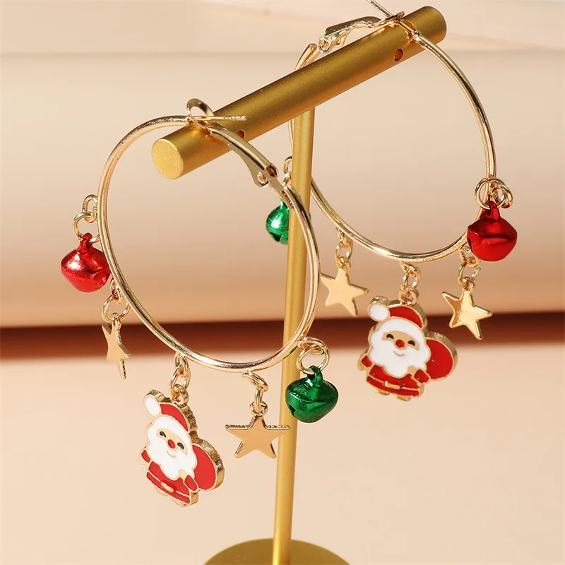 2Pc New Cute Santa Claus Christmas Tree Colorful Hoop Earrings Women's Christmas Round Earrings New Year Party Jewelry Gift