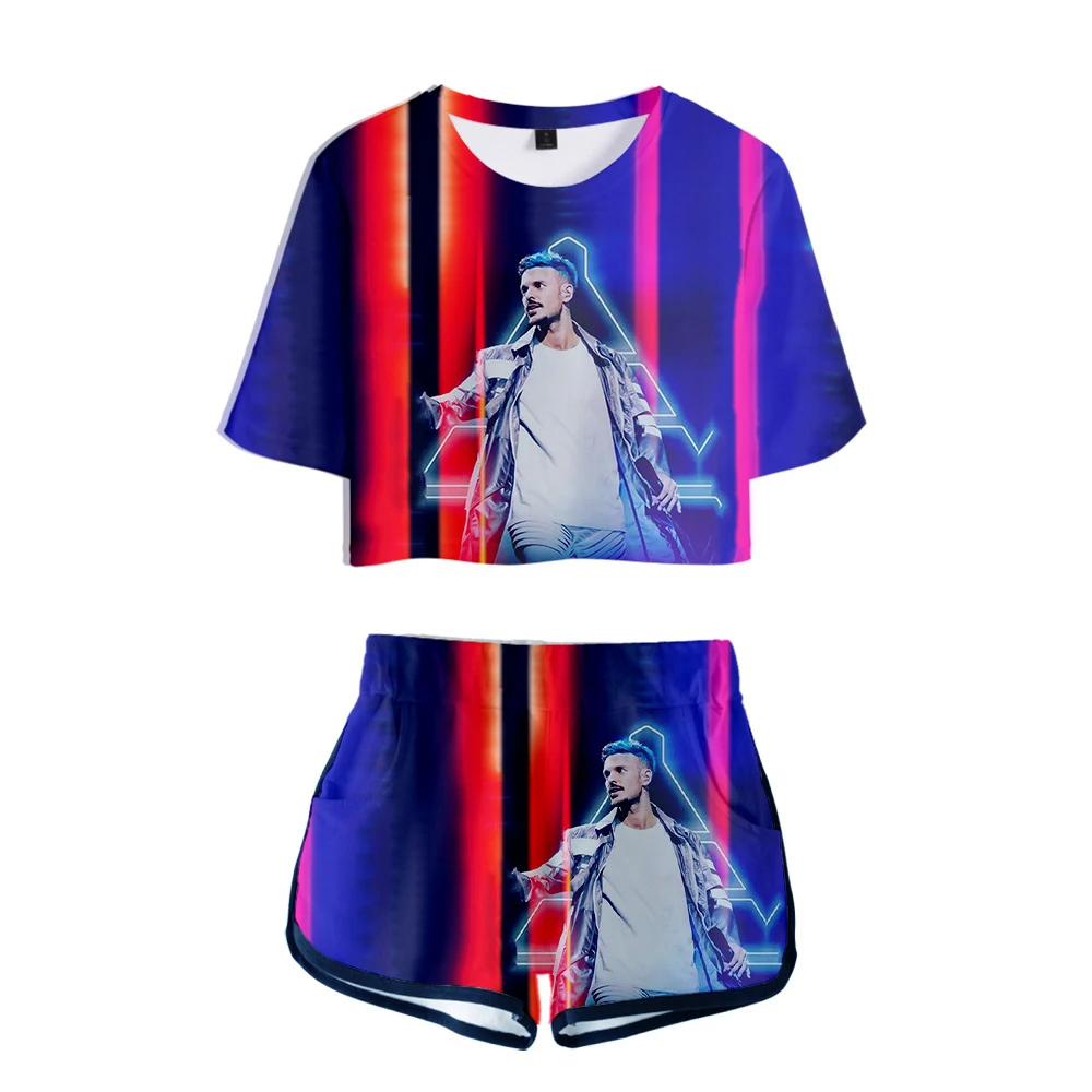 Fashion Youthful 3D Rapper Matt Pokora M. Pokora Short Sleeve Sexy Shorts+lovely T-shirts Dew navel Girl suits Two Piece Set