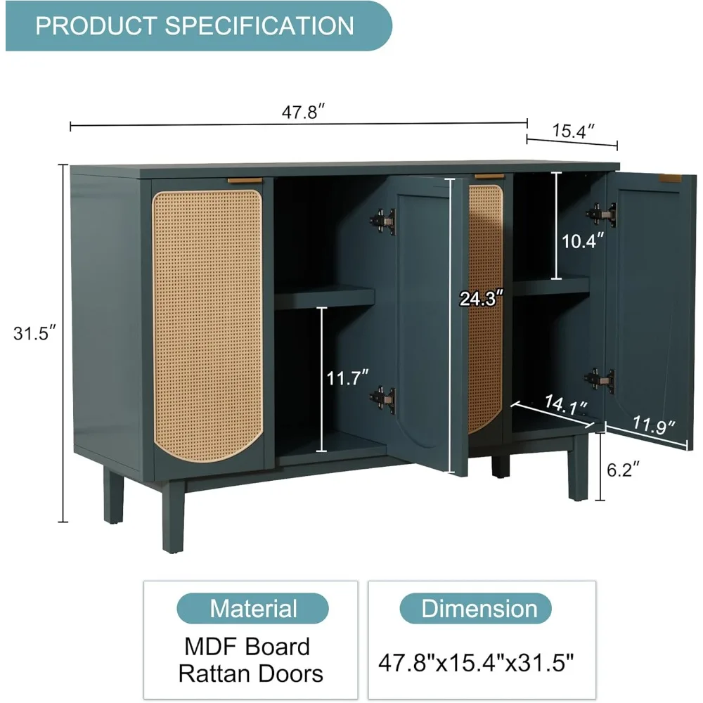 Sideboard Buffet Cabinet with 4 Rattan Doors, Accent Storage Cabinet with Shelves, Free Standing TV Console Table