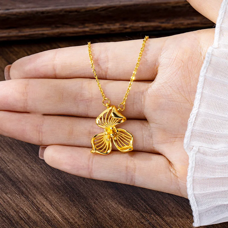 

Luxury 24K 9999 Pure Gold real gold Hollow Bauhinia Pendant Necklace Women's Clavicle Chain