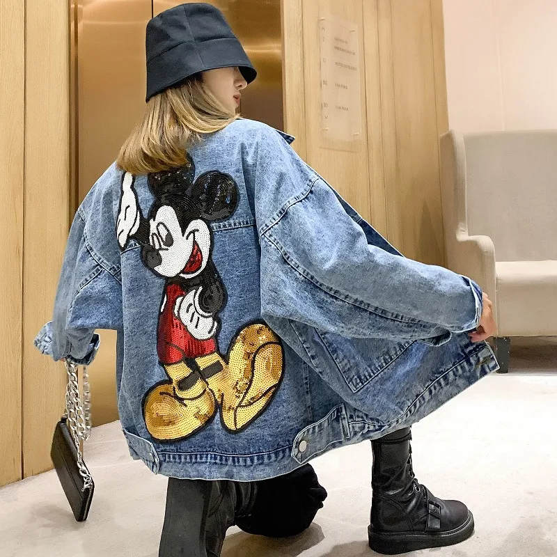 2024 Spring And Autumn New Embroidery Sequin Cartoon Oversized Denim Coat Women\'s Loose Korean Style Mid-Length Jeans Chaquetas