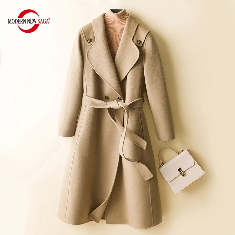 

MODERN NEW SAGA 100% Wool Women Wool Coat Autumn Wool Overcoat Winter Warm Woolen Long Jackets Female Cashmere Coat Belt Outwear