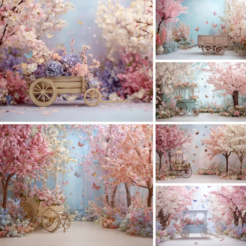 

Весенний цветочный фон для фотосъемки с бабочкой, сад, деревянный автомобиль, зеленое растение, детский день рождения, свадьба, портрет, фотофон