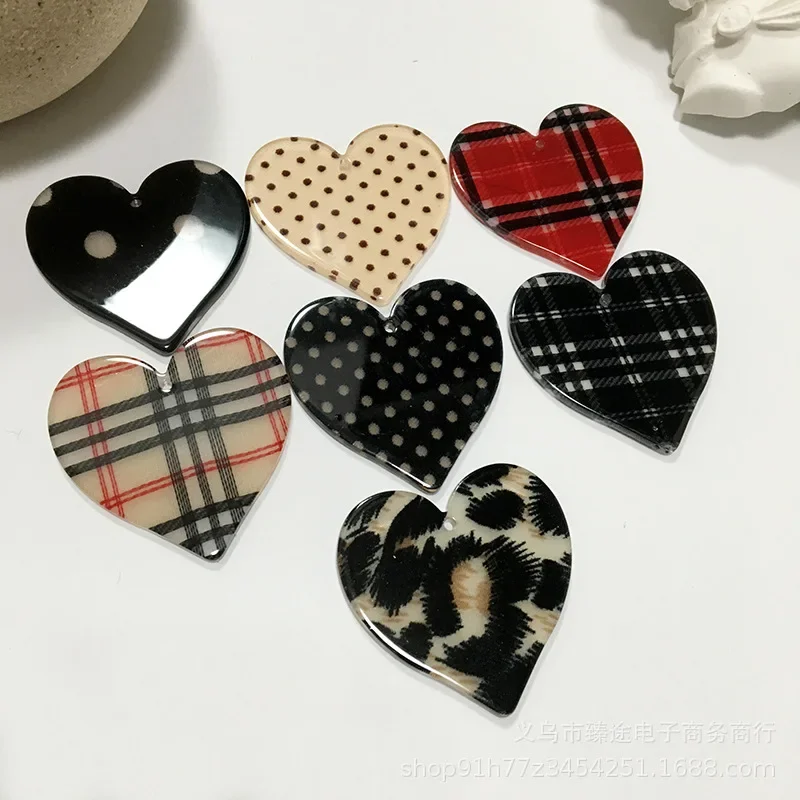 5pcs Acrylic Polka Dot Plaid Leopard Print Peach Cabochon Heart Shaped Accessories DIY Handmade Earrings Jewelry Material