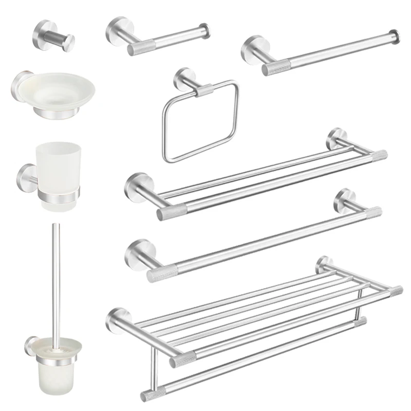 

High Quality Brushed Wall Mounted Towel Bar Toilet Paper Holder Robe Towel Hooks Cup Holder Towel Rack Bathroom Accessories Kit