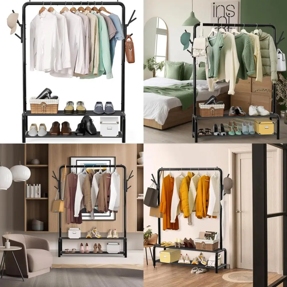 

Черный напольный шкаф-стеллаж 52 дюйма с полками для хранения и крючками для одежды