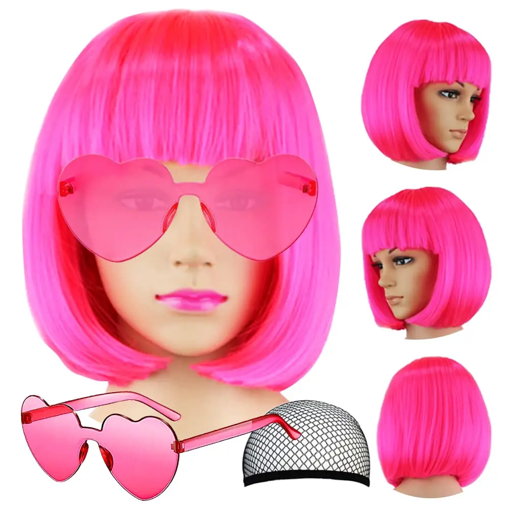 Synthetic Hot Pink Bob Wig+Sunglasses for Women Short Straight Neon Bob Wig with Bangs, 12