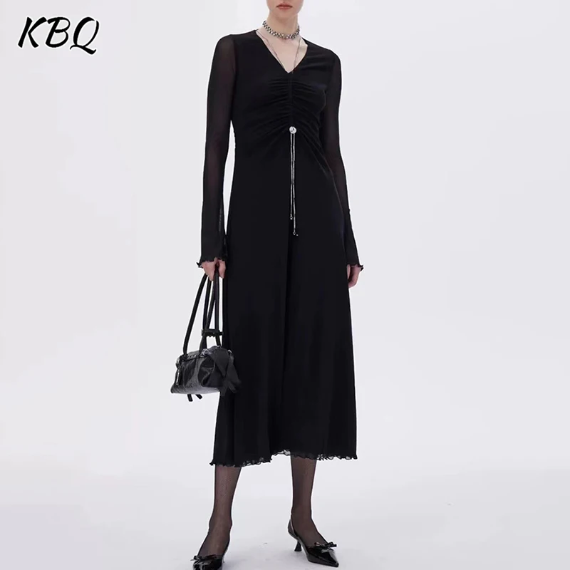 

KBQ Elegant Solid Folds Dresses For Women V Neck Long Sleeve High Waist Spliced Chains Slimming Dress Female Fashion Style New