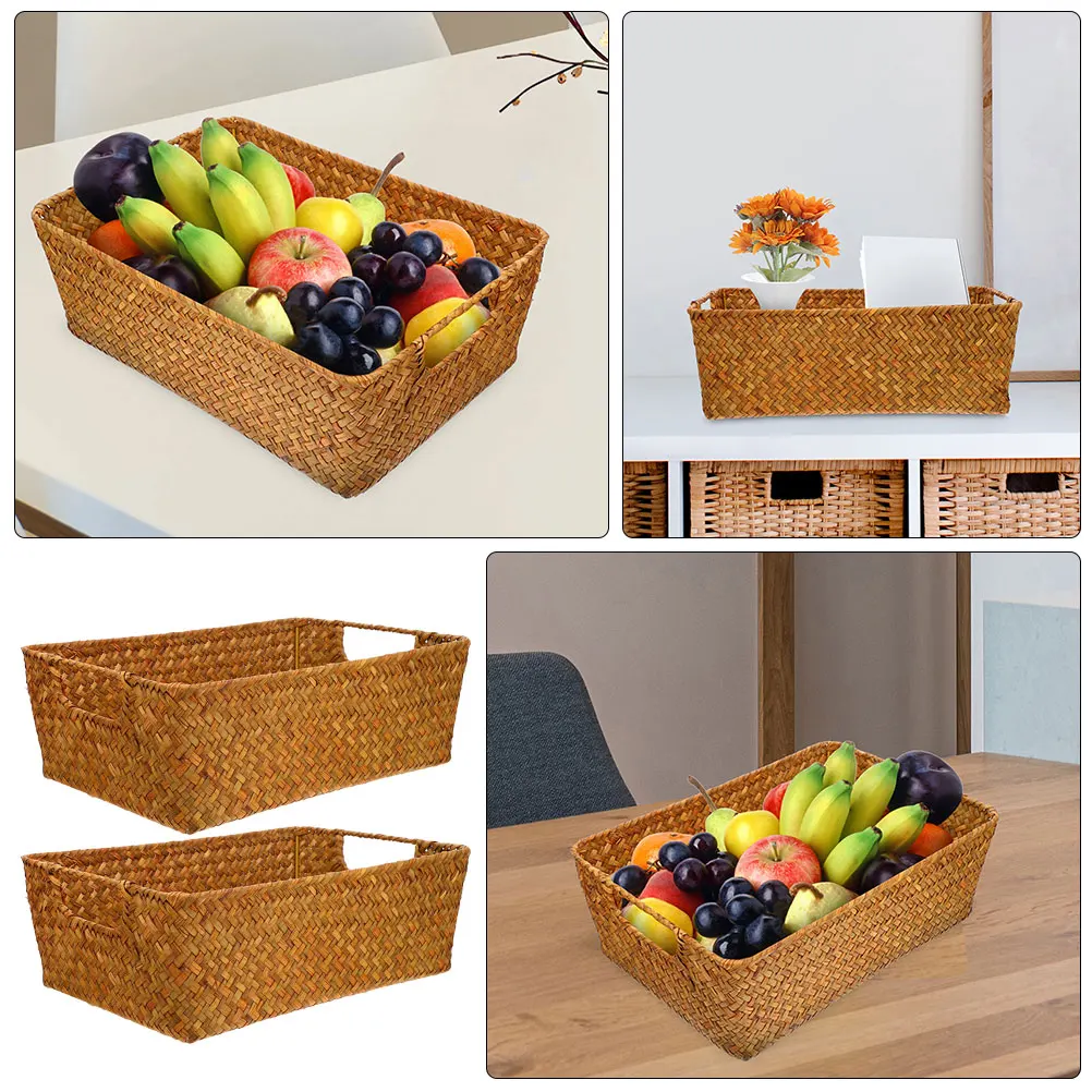 

2pcs Wicker Bread Handwoven Storage Basket For Kitchen Fruit Snacks Organizer Desktop Sundries Holder Weaving