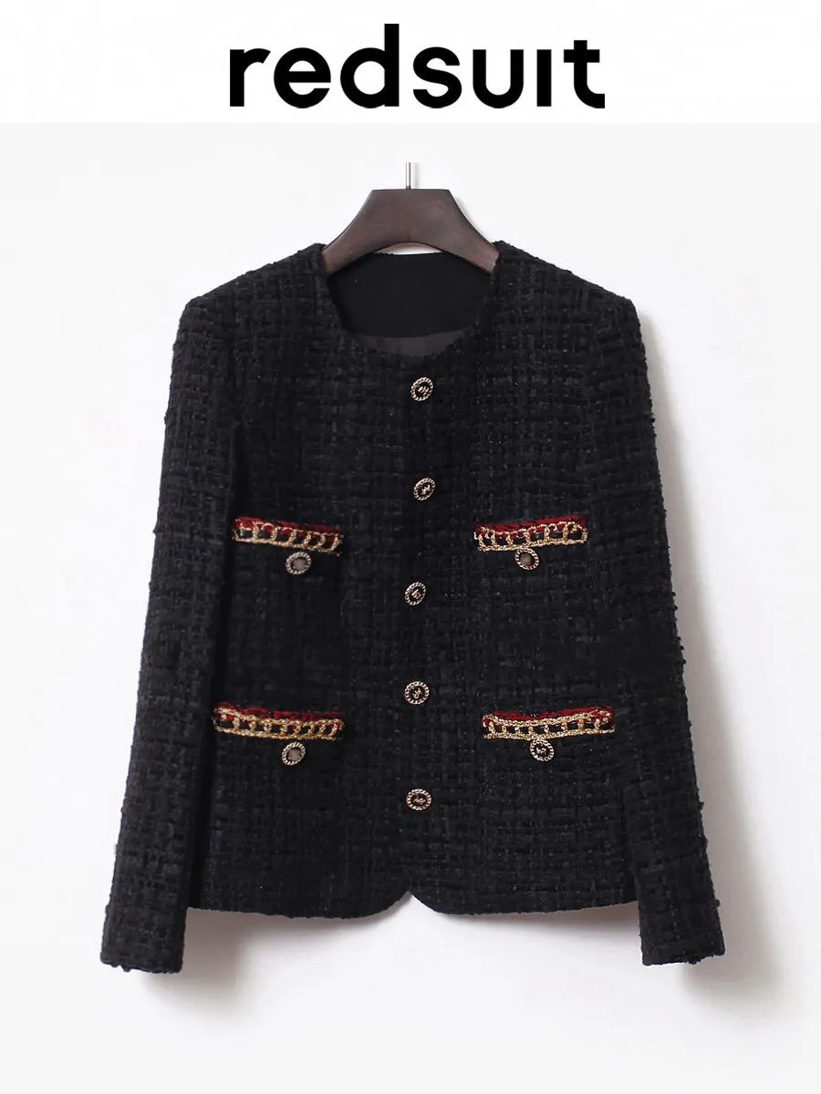 New Black heavy-duty contrasting round neck woolen coarse woolen coat Custom Sizes