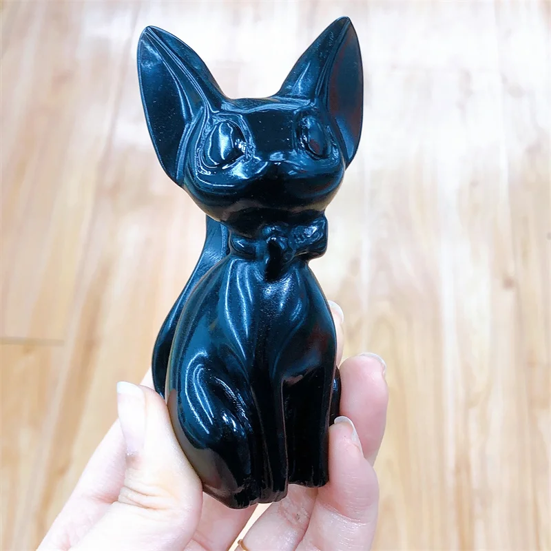 

Natural Black Obsidian Cartoon Cat Carving Animal Figurine Healing Energy Gemstone Crystal Crafts Christmas Gift 1pcs