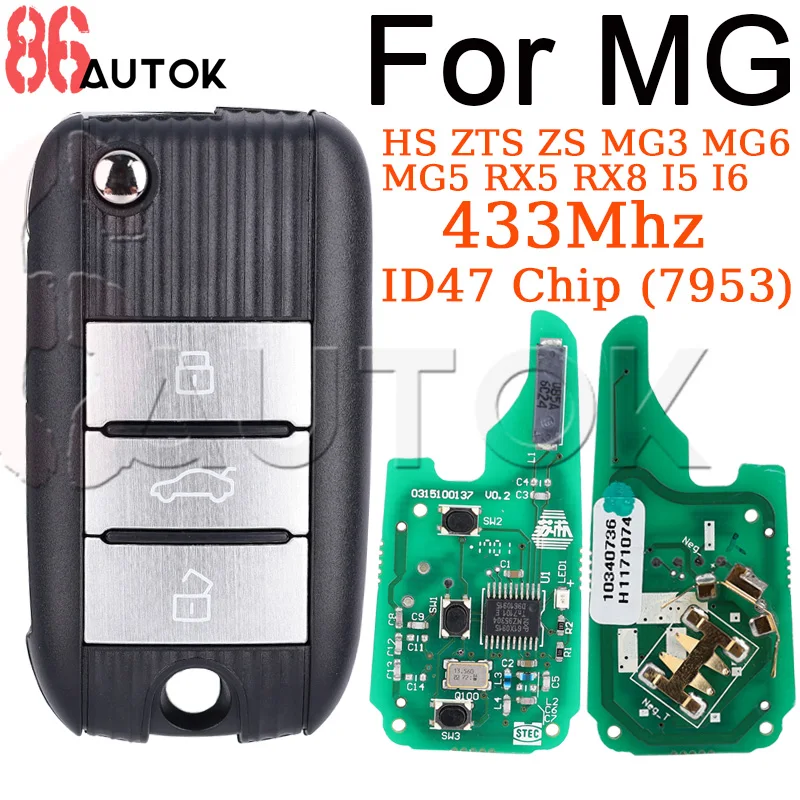 Auto Smart Remote Key 433Mhz with ID47 Chip (7953) for MG HS ZTS ZS MG3 MG6 MG5 RX5 RX8 I5 I6 Flip Folding Key Car Key 3 Buttons