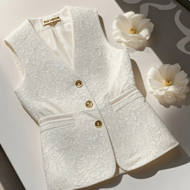 2025 Embossed Jacquard Pattern White Blazers Vest for Women Elegant Party Dresses Formal Clothes Office Lady Wedding V-neck Tops