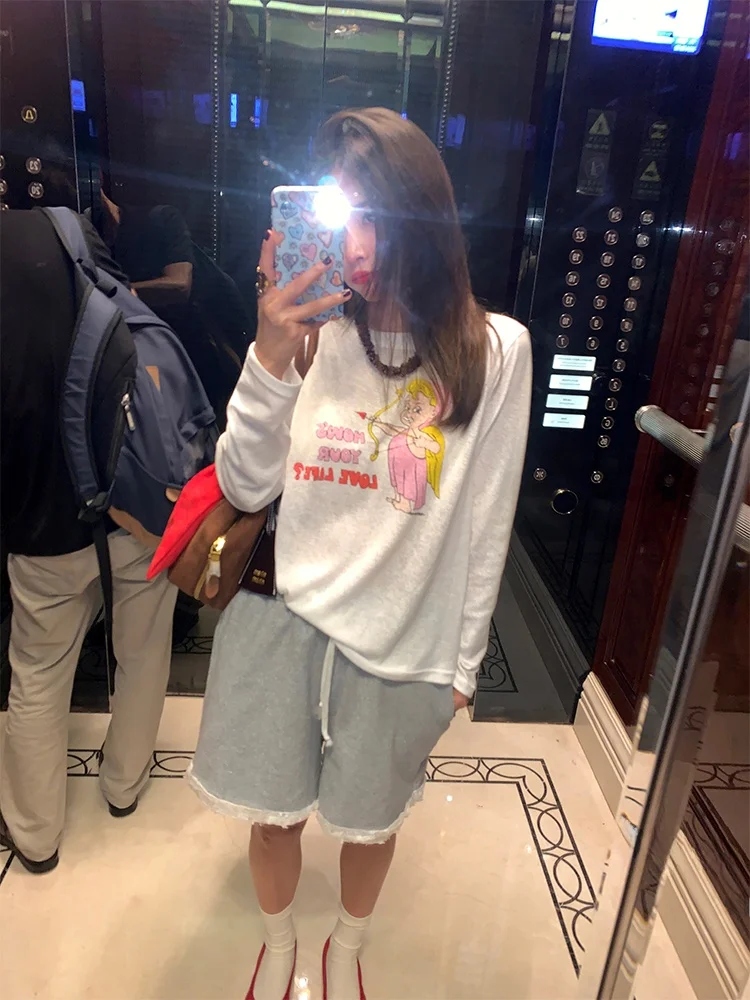 

Faionable Long Sve White Printed T-irt Women's Design Sensation Early Autumn Korean Sle Straight Cut Commute Sle