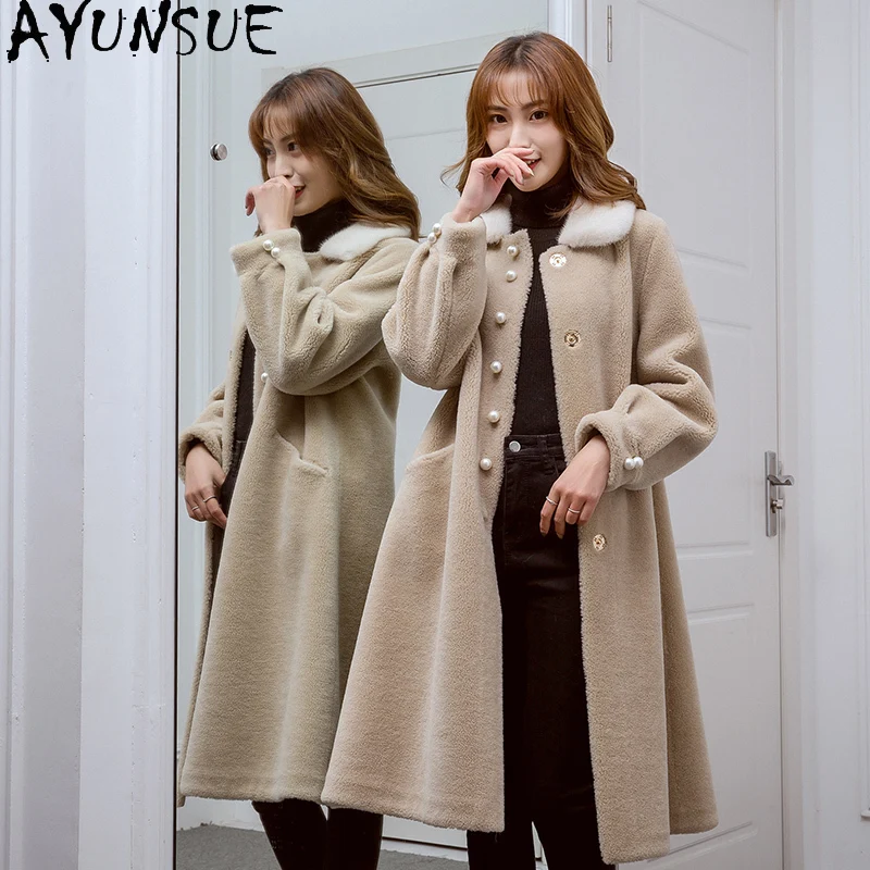 AYUNSUE-abrigo de lana de 100% para mujer, chaqueta de piel de visón con cuello de piel de oveja, ropa de invierno, piel compuesta femenina, Пitzakто Ж Jayaе