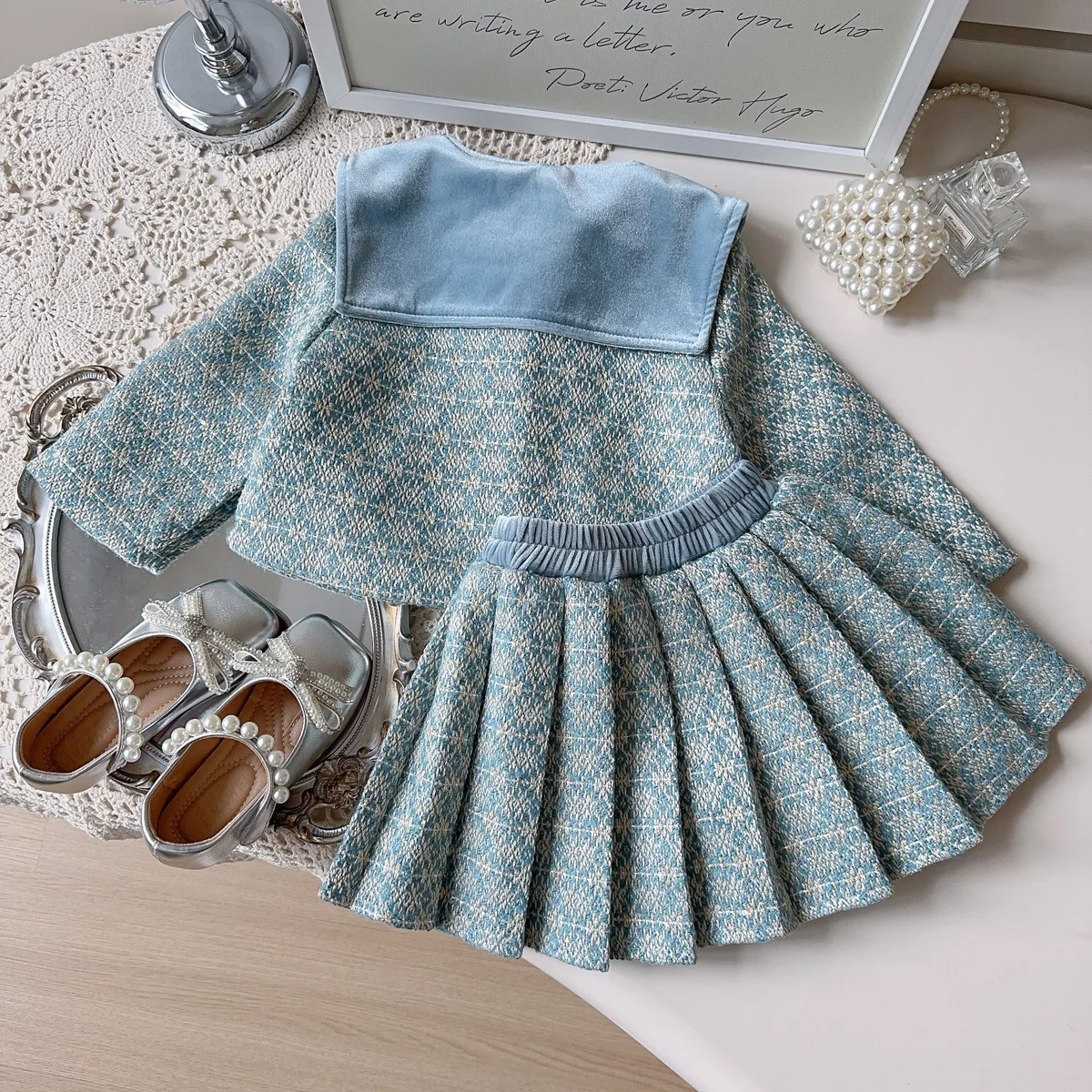 Children Girls Autumn 2PCS Clothes Set Kids Naval Collar Floral Print Cardigan Suit With Loose Elastic Waist Pleated Skirt