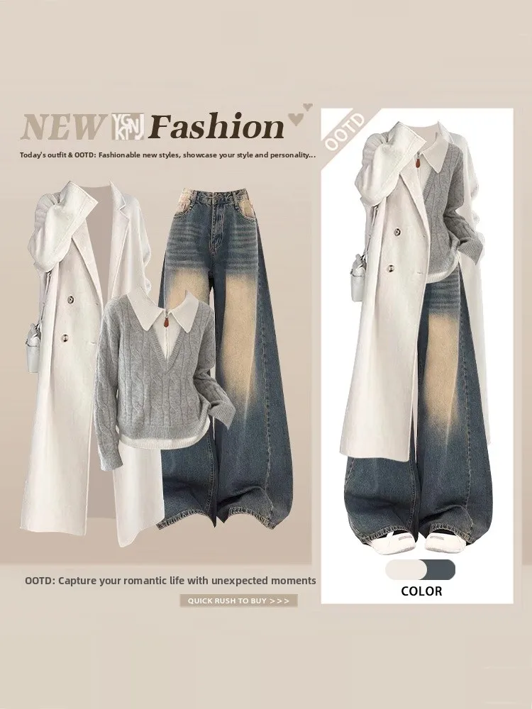 

plus Size Women's Long Double-Breasted Coat Jaet Outerwear ey Sweater Jeans Tee-Piece Set Winter Casual Sle High Waist