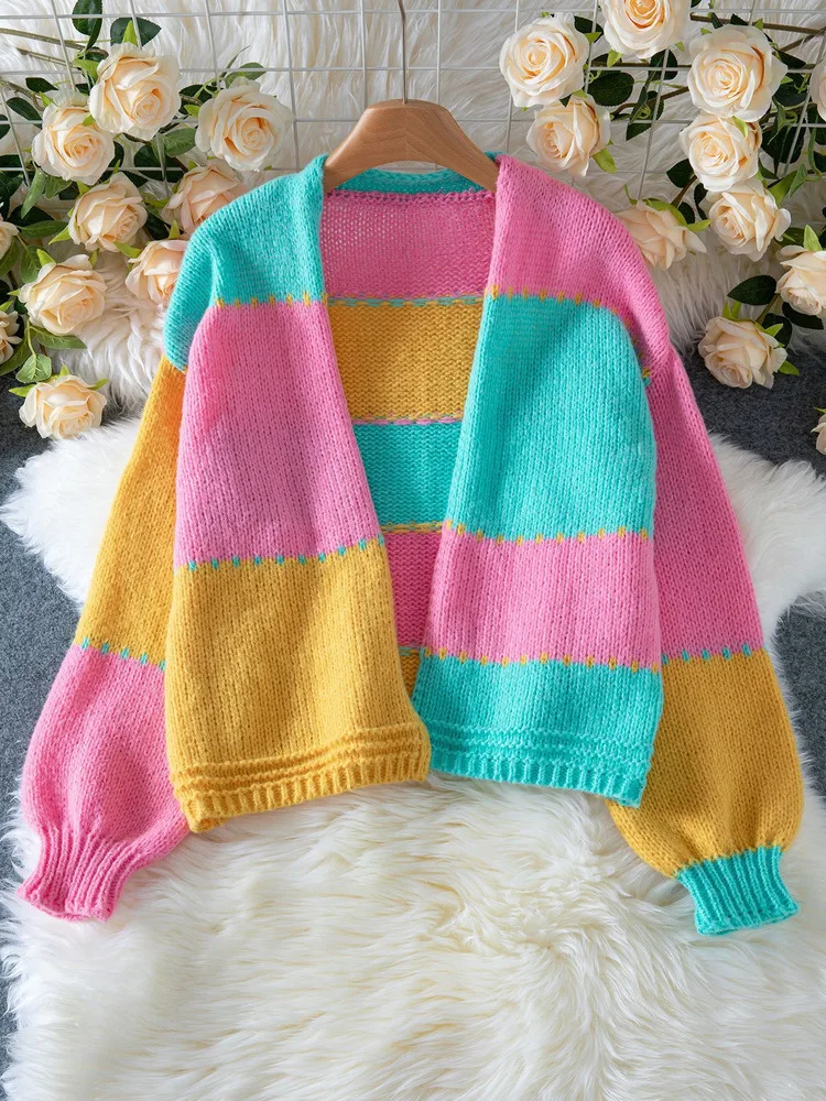 여성용 컬러 블록 패치워크 가디건 2025 가을 겨울 패션 루즈 니트 스웨터 코트