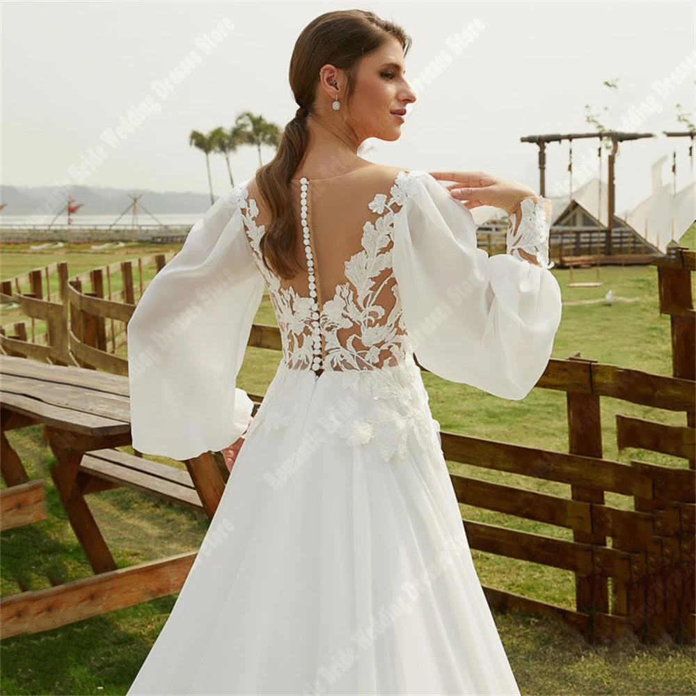 Elegant Long Sleeves Women Wedding Dresses Long Sleeves Deep V-Neck Tulle Bridal Gowns Beach Gathering Vestidos De Novias 2024