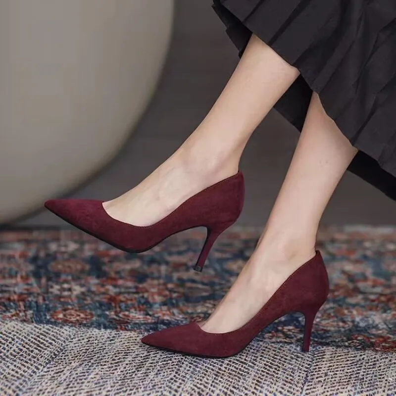Damen-Schuhe mit hohen Absätzen, scharfer, dünner Absatz, hochhackige Pumps, große Größe 42, neue spitze Wildleder-Rot-Blau-Einzelschuhe für Damen