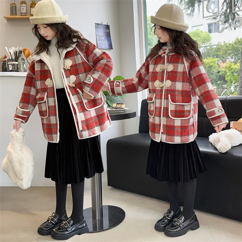 

Teen Girls Coat Jacket Outwear Kids Plaid Hooded Warm Plus Velvet Thicken Winter Woolen Coat Outdoor Fleece Children's Clothes