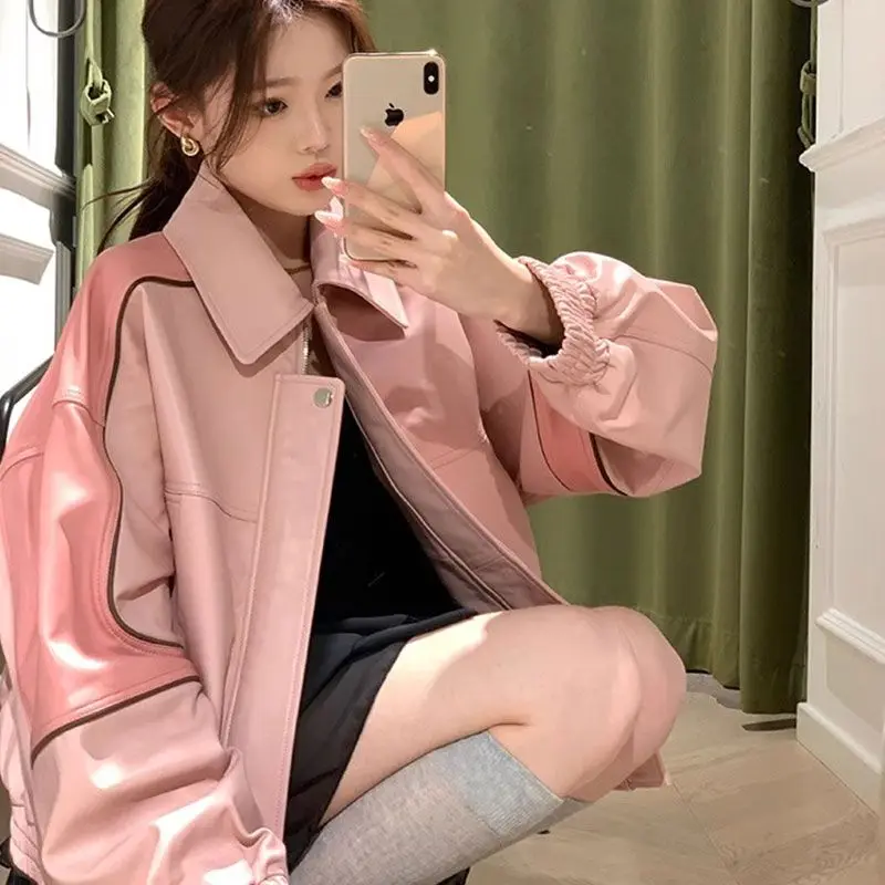 

Baseball Leather Jacket Women's Autumn Winter New American Jacket Locomotive Loose Beautiful Premium Splicing Leather Jacket