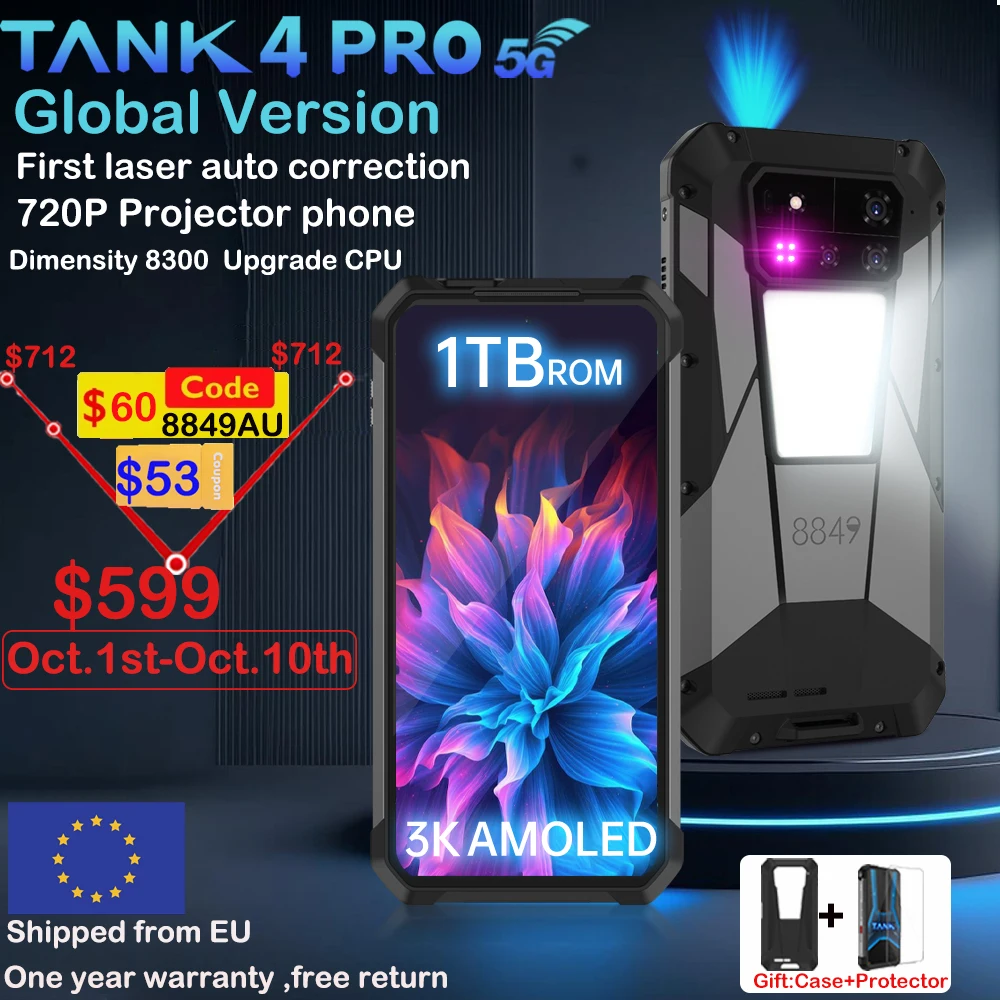 8849 Tank 4 Pro Unihertz 5G Rugged Projector Smartphone 36G 1TB Android 14 Sports Phone 11600mAh Dimensity8300 AMOLED 120HZ