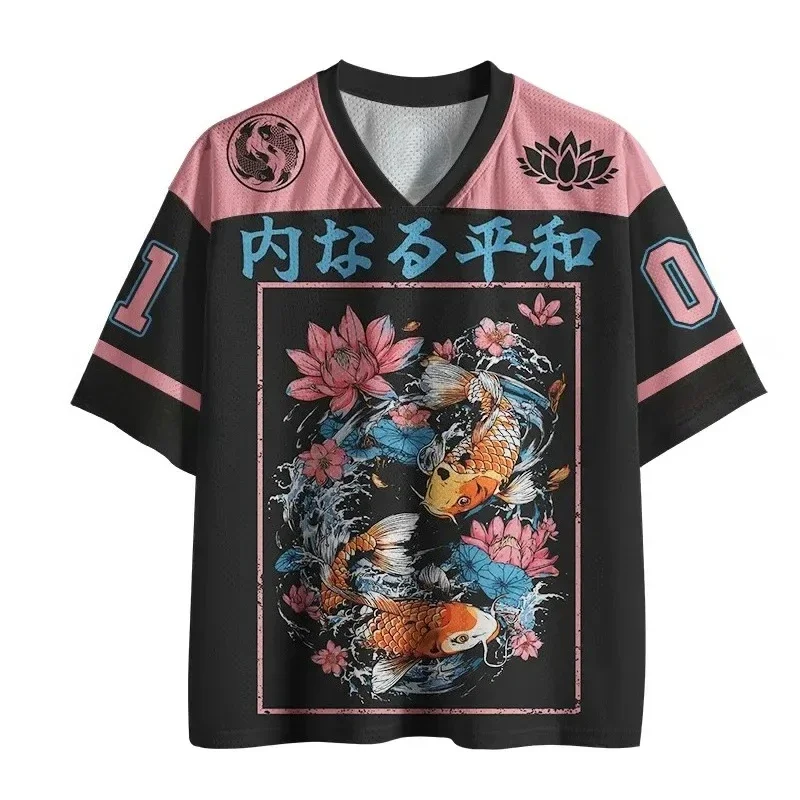 New Summer Japanese Limited Koi Fish Printed V-Neck T-Shirt, Quick Dry Fitness Outdoor Casual Family Matching Short Sleeve Tee