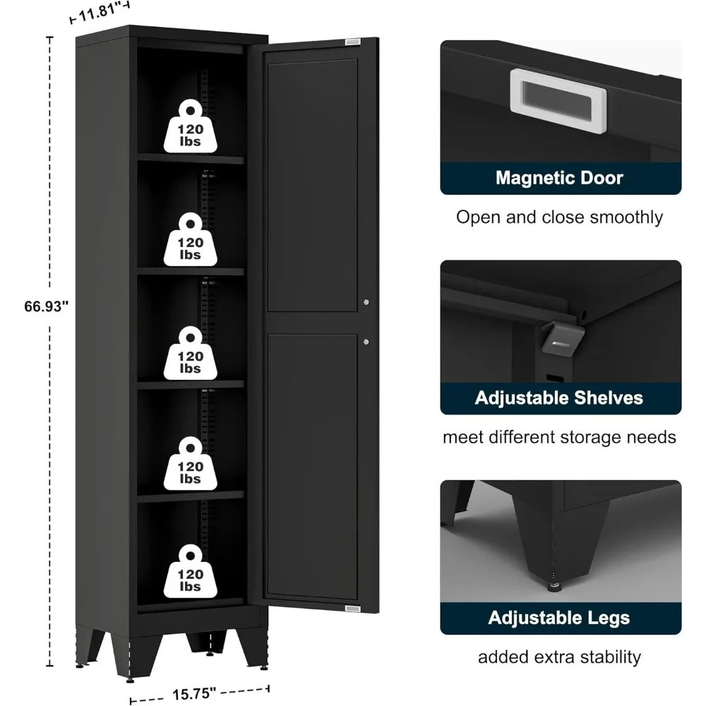 ตู้เก็บของโลหะสำหรับห้องน้ำทรงแคบ สูง 67 นิ้ว พร้อมชั้นวางปรับได้ 4 ชั้น ตู้เก็บของแบบตั้งพื้น 5 ชั้น สำหรับห้องครัวขนาดเล็ก