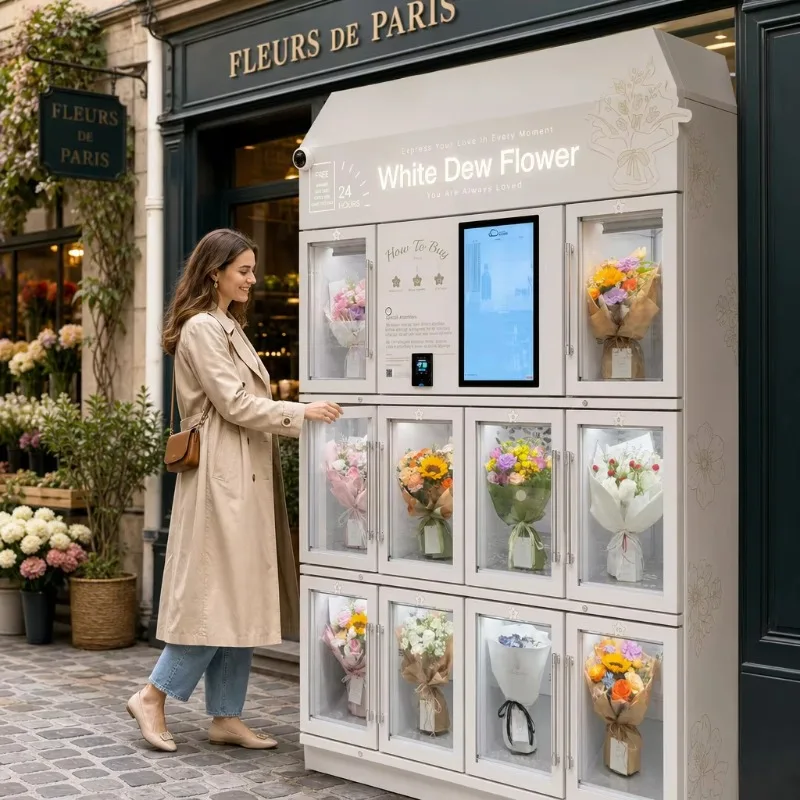 Cloud-Based Remote Monitoring Smart Flower Vending Kiosk with Anti-Fog Glass and Adjustable Locker Sizes for Florists