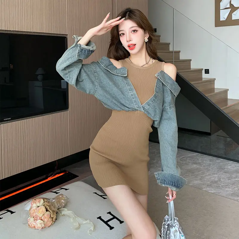 Knitted Short Denim Dress Patchwork Off Shoulder Long Sleeved Shirt Vestidos De Mujer Elegantes Vintage High Casual Robe Femme