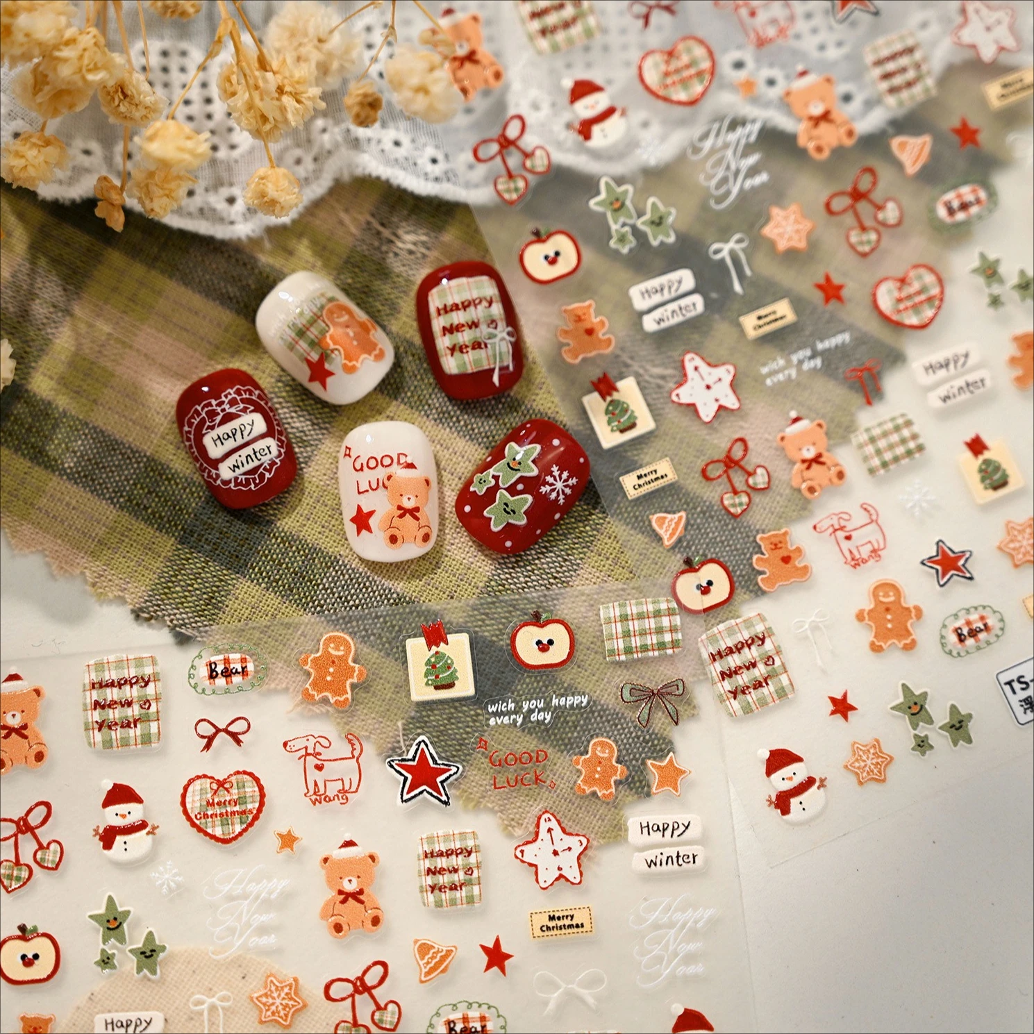 عيد الميلاد الدب Bowknot ثلج الحب القلب شريط النسيج ندفة الثلج الأحمر الأخضر ستار الكلب الزنجبيل مسمار الفن ملصق مانيكير مائي #4