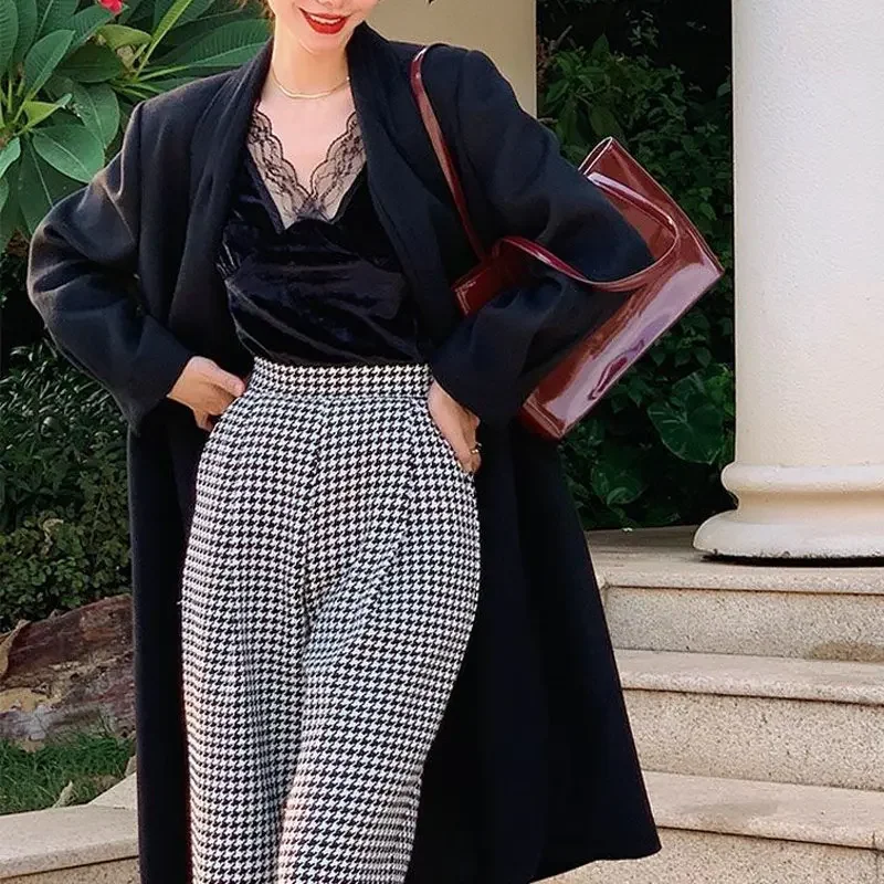 المرأة خمر الكلاسيكية houndstooth و القماش الصوفي مستقيم واسعة الساق بنطلون أنيق مكتب سيدة عالية الخصر فضفاض دعوى السراويل XT788