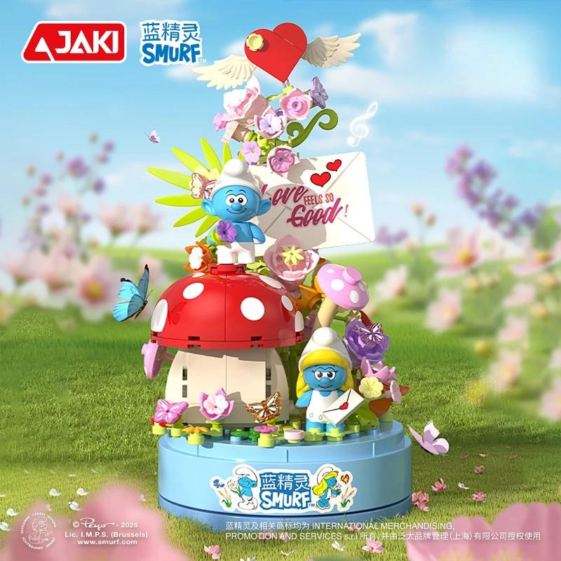 

JAKI Building Blocks Anime Smurfs Season Love Letter Fairy Tale Music Box Splicing Model Ornaments Toy Collection Gift