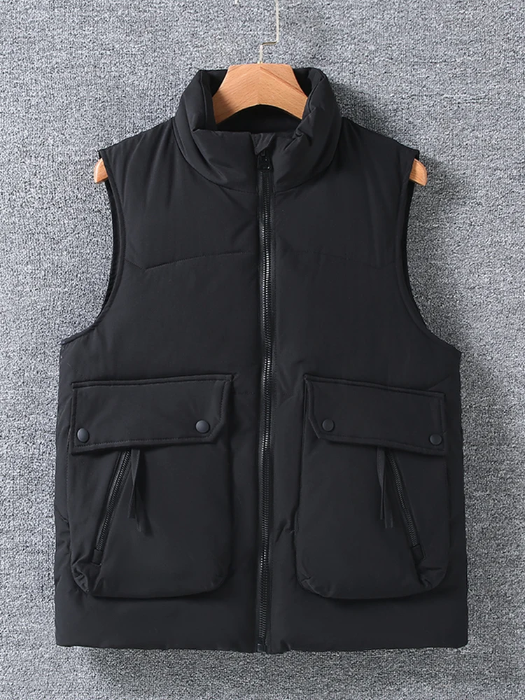 plus Size Men's Warm Stand Collar Vest Autumn Winter Thiened Filling Multiple kets Workwear Jaet for Heavy People