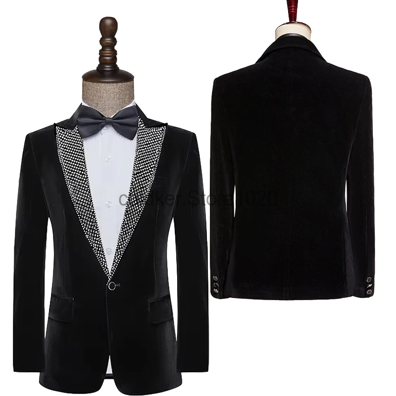 New Men's Luxury Crystal Velvet Blazer Jacket Black One Button Fashion Host Singer Stage Performance Suit Wedding Groom Dress Up