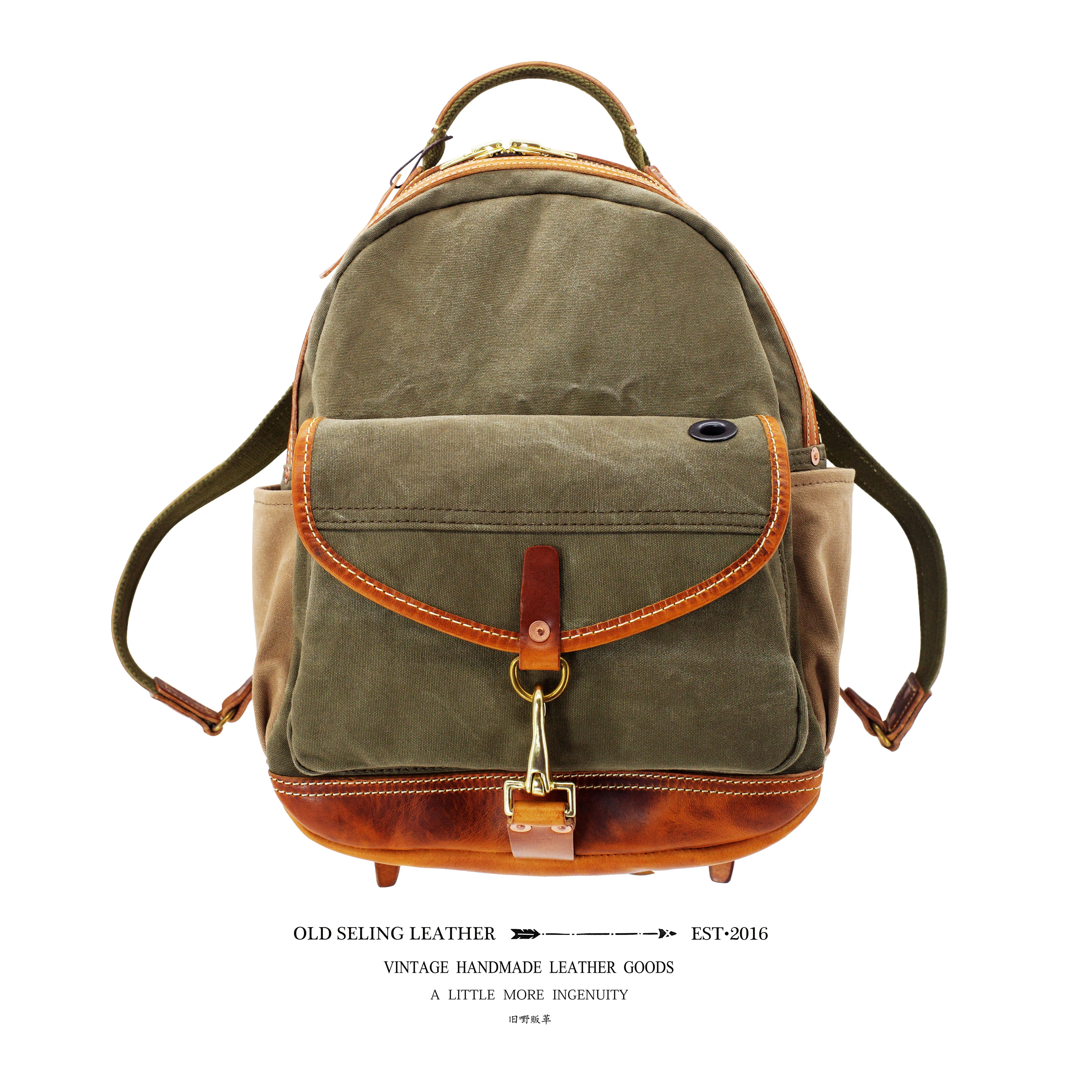 Outdoor daily travel designer handmade heavy canvas genuine leather men's women's backpack vintage camping hiking bagpack