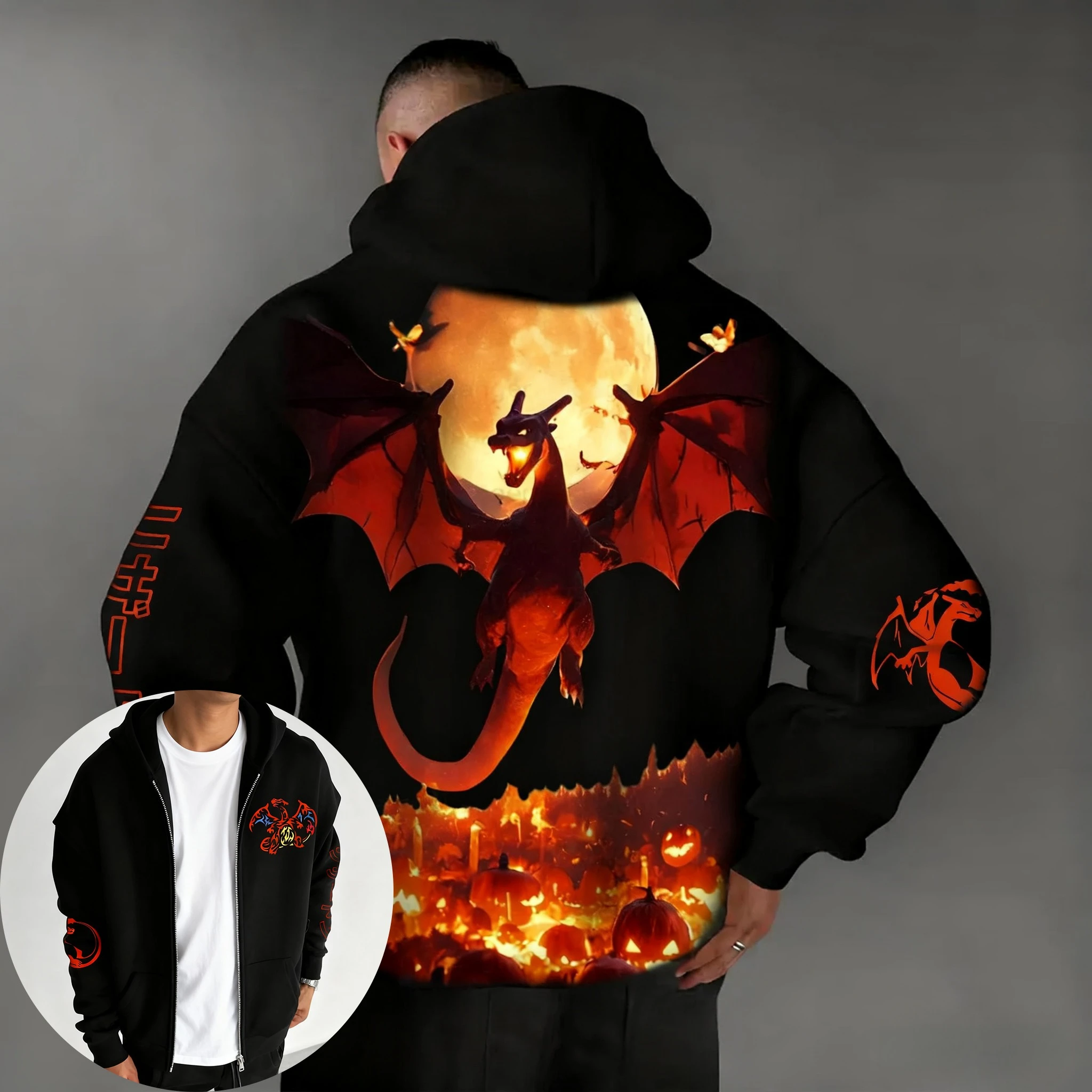 

Покемон аниме Хэллоуин шарнирная толстовка на молнии 2025 мужская осень/зима новый американский хип-хоп большой повседневный свободный свитер топ