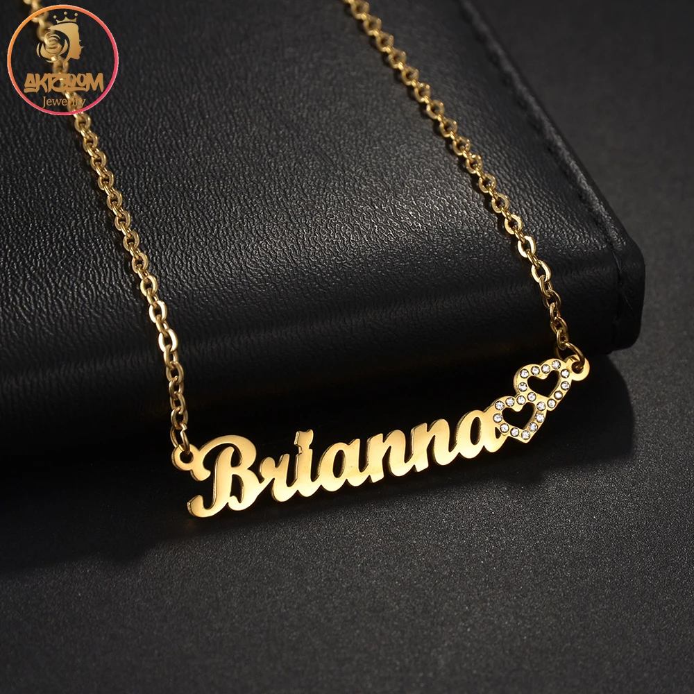 Akizoom Custom Letter Name Necklaces Stainless Steel for Women Double Hearts Zircon Choker Pendant Chain Necklaces Jewelry Gift