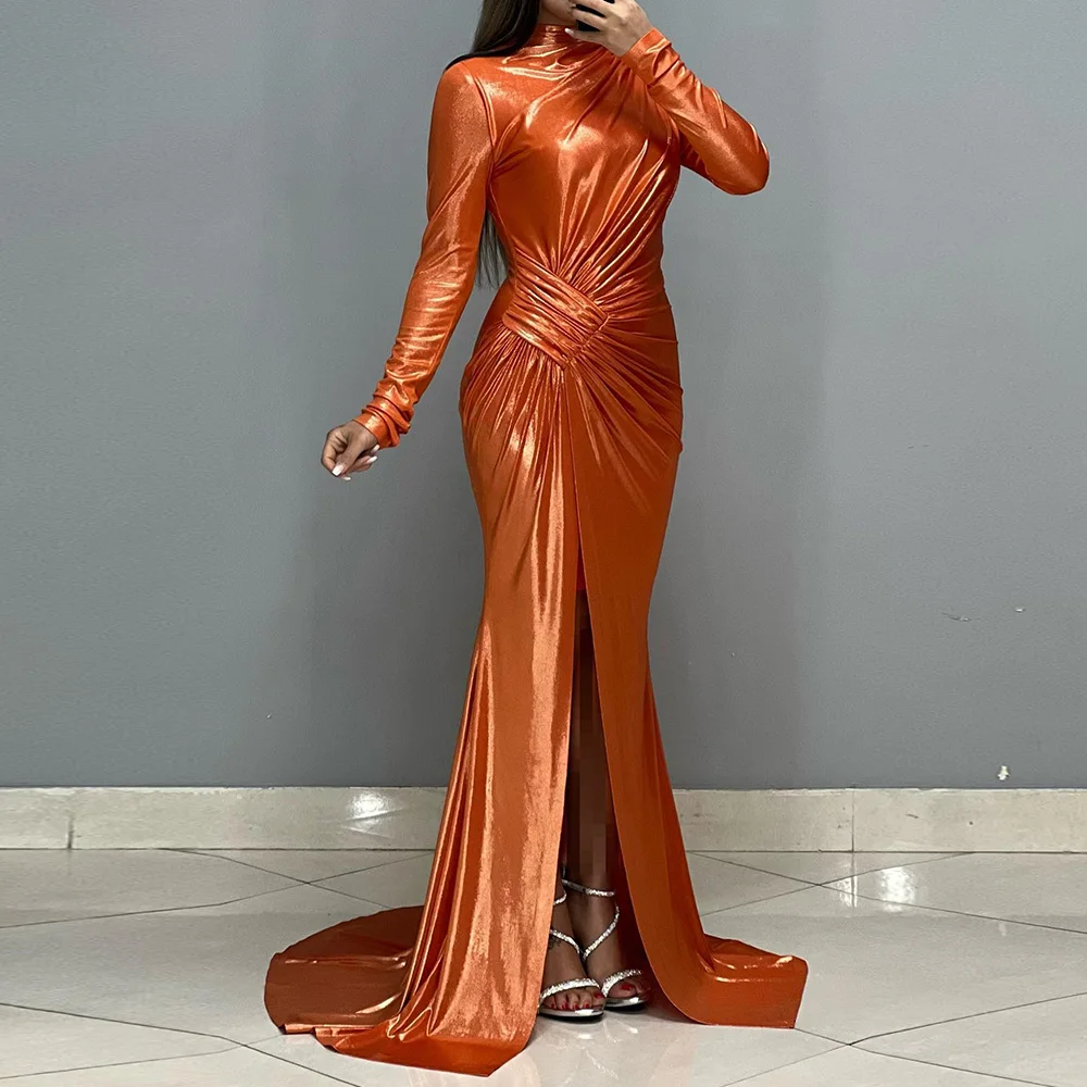 Customized Temperament Satin Mermaid Evening Dress Delicate High Neckline Long Sleeves Bespoke Occasion Gowns Custom Size