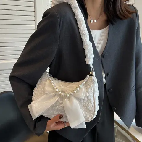 White Pleated Pearl Female Bag Vintage Luxury Designer Handbag Cute Bow Shoulder Bag Fashion Y2K Vintage Women's Purse Versatile