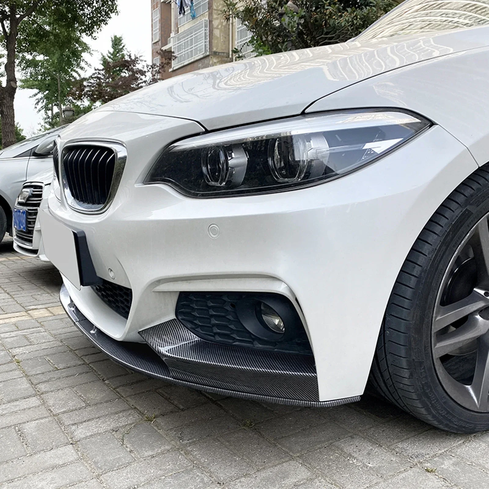 Gloss Black Carbon Fiber Look Car Front Bumper Spoiler Lip+Side Splitter Cover For BMW 2 Series F22 F23 M Sport 2014 To 2021