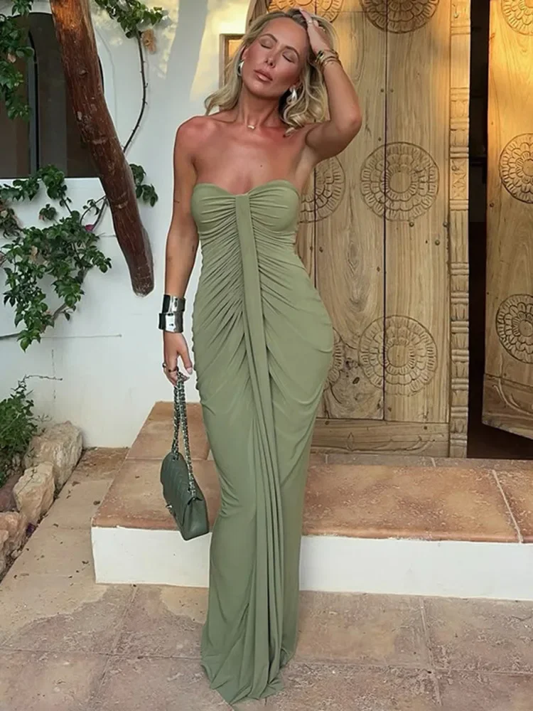 오프숄더 스트랩리스 섹시 맥시 드레스 여성용 가운 우아한 민소매 백리스 바디콘 드레이프드 루치드 클럽 파티 드레스