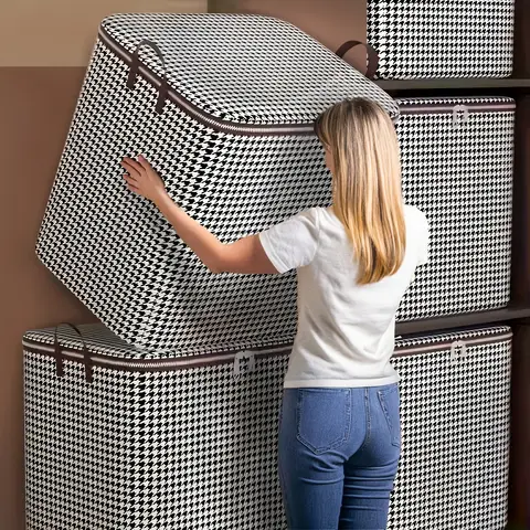 Houndstooth 보관 가방 대용량 접이식 옷 휴대용 옷장 침구 용 손잡이가있는 의류 보관 상자 정렬