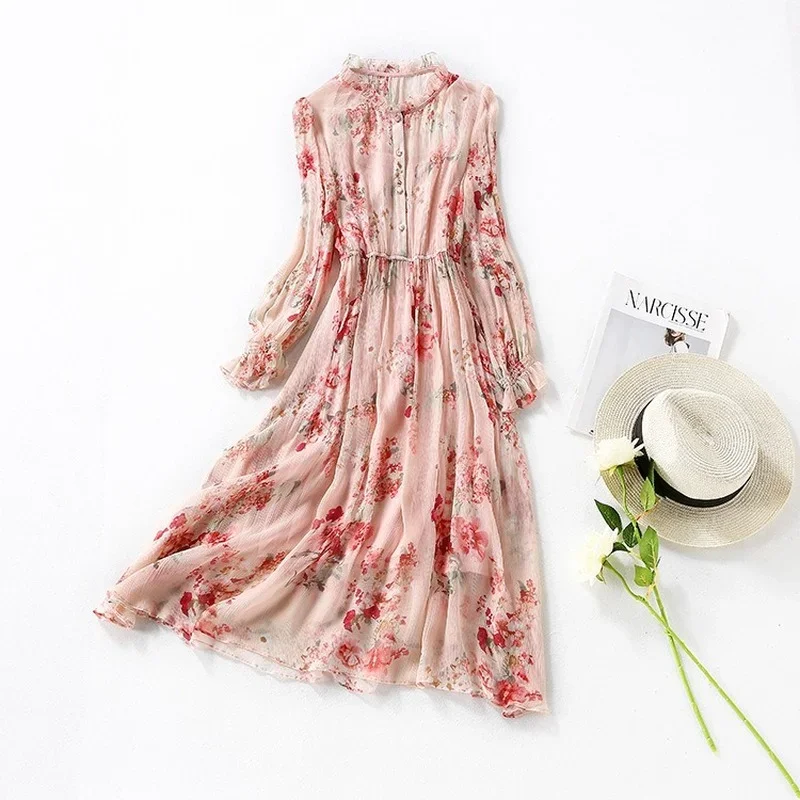 High Quality Summer Dress 2024 100% Silk Floral Dress Long Sleeve Dresses For Women Korean Fashion Two-piece Vestidos Pph5095