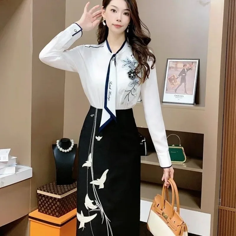 French Style Embroidered Jacquard Shirt Elegant and High-end Women's Set 2024 Spring Autumn Slim Waist Skirt Suit