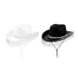 Women Cowboy Hat with Rhinestone Fringe Wide Brim Cowgirl Hat for Holiday Outdoor Stage Performance Party Supplies Cosplay