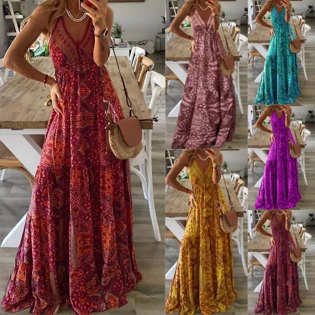 Falda larga de verano para mujer, cuello en V, cintura alta, estampado Floral bohemio, moda idílico, vestido con tirantes para fiesta y playa