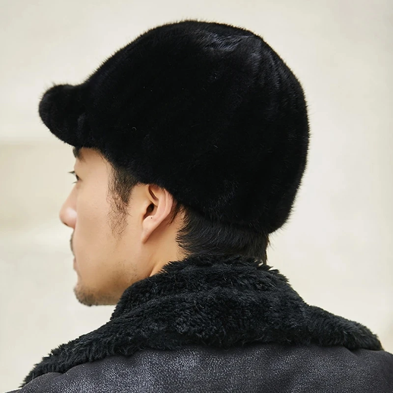 Winter Thicked High Quality Real Mink Fur Bomber Hat For Man Black/Brown Tag Elderly Ear Warm Baseball cap